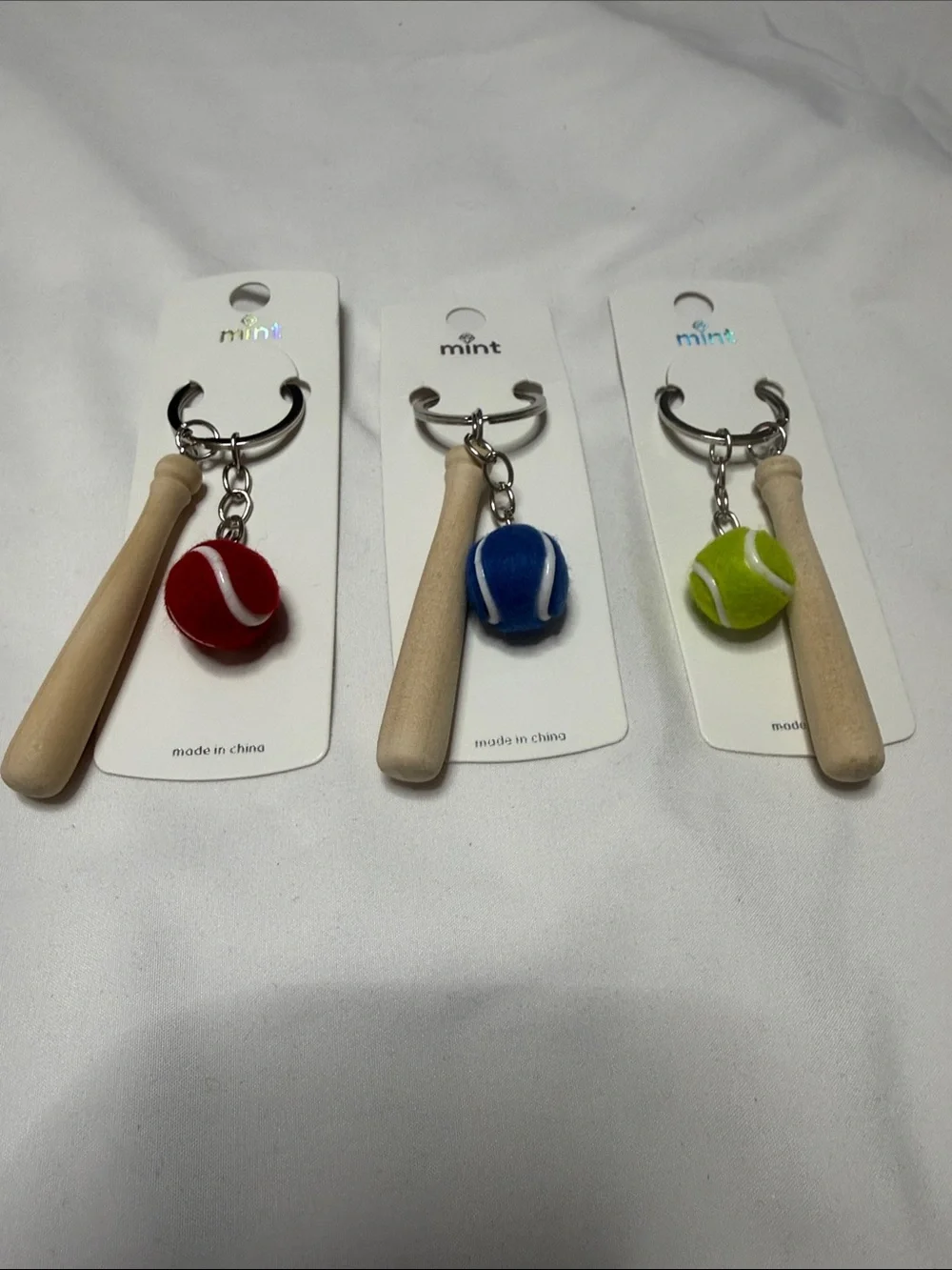 Set of 3 Mint Baseball Bat Keychain Trio - Red, Blue, Lime Green